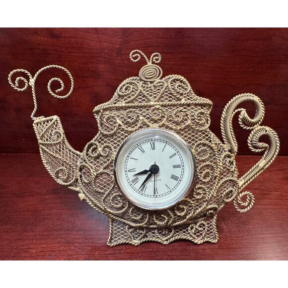 Vtg Wire Framed Teapot Kettle Clock Free Standing Battery Operated Quartz Works! - Picture 1 of 8
